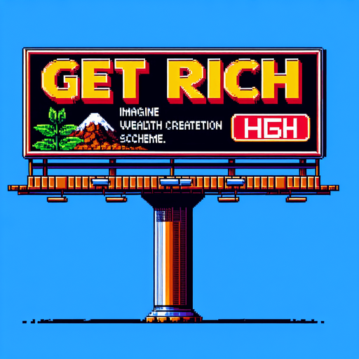 street ad billboard with 1 or 2 posts with "Get rich!" on it.
high definition video game sprite