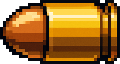 una bala de pistola 9 milimetros hecha con pixeles con perspectiva lateral.
In-Game asset.  2d.  High contrast.  No shadows