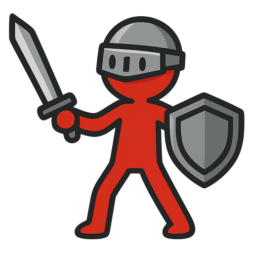 Red stickman with an iron helmet, iron sword and iron shield.
In-Game asset.  2d.  High contrast.  No shadows. No eyes