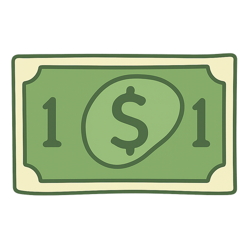 un dollar. No background. Transparent background. Blank background. No shadows. 2d. In-Game asset. flat