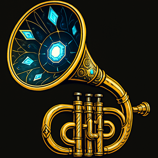 Una trompeta de proporciones colosales, con una campana que se abre como un altavoz parabólico gigante. Su superficie podría ser de un metal brillante y pulido, con intrincados grabados o incrustaciones de cristales resonantes que brillan intensamente. Podría tener un sistema de lentes o emisores de energía en su boca..
In-Game asset.  2d.  High contrast.  No shadows