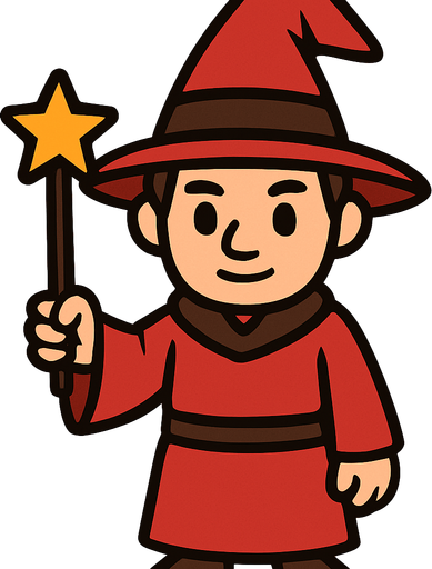 Mago con sombrero rojo y marrón sin barba con varita con estrella, de cuerpo entero.
In-Game asset.  2d.  High contrast.  No shadows