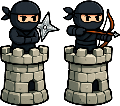 Towers have ninjas assets one have star and one have bow. HD colors.
In-Game asset.  2d.  High contrast.  No shadows