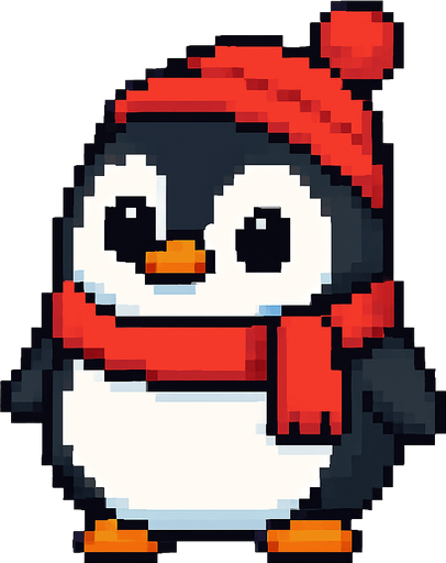 El pingüino debe ser un personaje tierno y redondeado, con cuerpo negro y blanco bien definido, picos y patas naranjas, y ojos grandes y expresivos que transmitan simpatía; puede llevar una bufanda roja o gorrito invernal como detalle extra, y debe tener una animación suave de balanceo lateral o parpadeo para darle vida; el estilo debe ser pixel art limpio, con trazos simples y colores vivos, y el fondo transparente para que se integre perfectamente en un juego casual y alegre.
In-Game asset.  2d.  High contrast.  No shadows