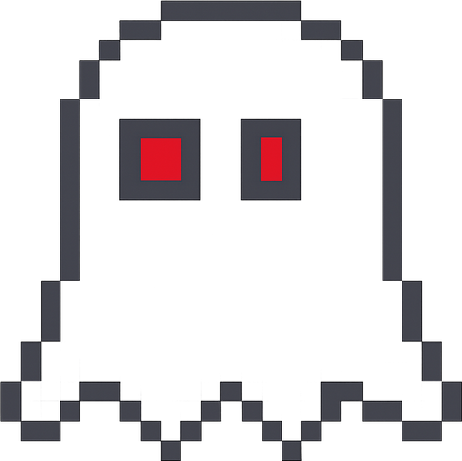 White ghost with red eyes pixel. No background. Transparent background. Blank background. No shadows. 2d. In-Game asset. flat