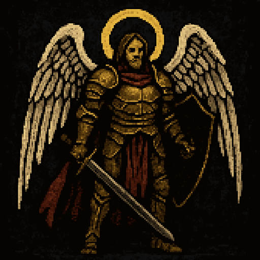 Michael demiurgos dark souls style 2d pixel art.
In-Game asset.  2d.  High contrast.  No shadows