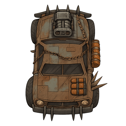 It will be a small car in the style of Madmax. It will have a top view. No background. Transparent background. Blank background. No shadows. 2d. In-Game asset. flat