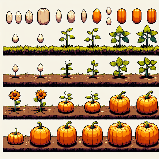 A spritesheet showing a pumpkin plant in various stages of germantion, from seed over sapling and to full grown plant with ripe pumpkin. The sprites should be laid out in a rectangular grid with blank space between them..
Single Game Texture. In-Game asset. 2d. Blank background. High contrast. No shadows.