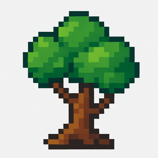 this is a tree but pixel art style. No background. Transparent background. Blank background. No shadows. 2d. In-Game asset. flat