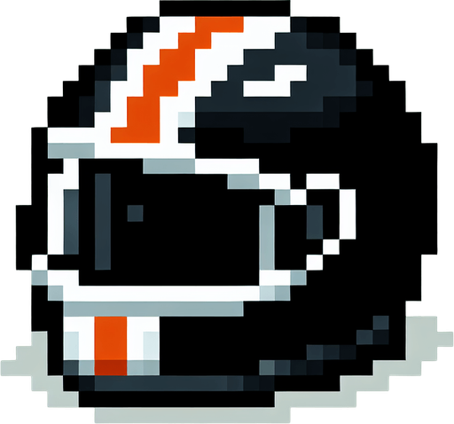 profile  view of an empty motorcycle helmet. black with a white vertical central band and another thiner orange band on the center.
NOT PERSPECTIVE!. Pixel art high definition
