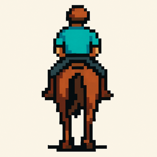 at üstünde olan pixel bir adam arkası dönük.
In-Game asset.  2d.  High contrast.  No shadows