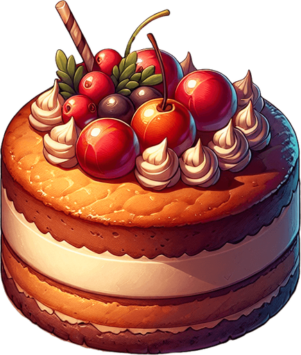 gâteau.
Single Game Texture.  In-Game asset.  2d.  Blank background.  High contrast.  No shadows