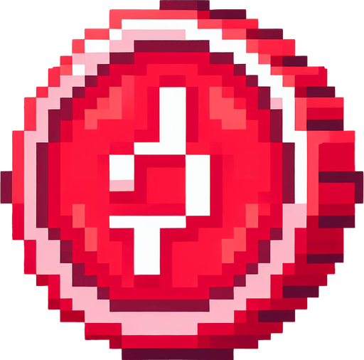 pixel art coin with red color.
Single Game Texture. In-Game asset. 2d. Blank background. High contrast. No shadows.