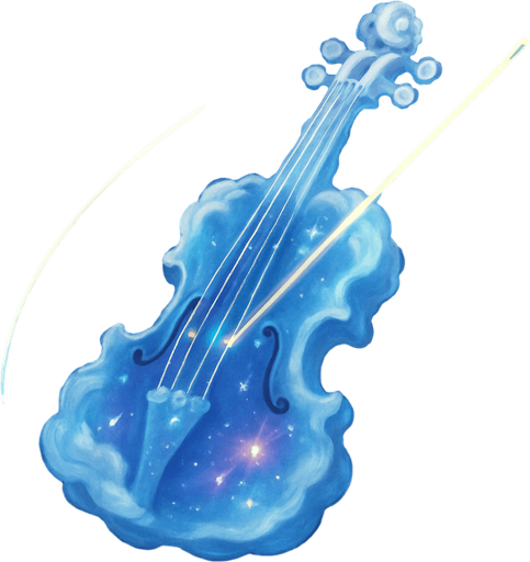 Un violín que parece estar esculpido en nubes etéreas o cristal de éter, con un brillo suave. El arco es un haz de luz pura que deja un rastro luminoso al moverse. Las cuerdas son finos hilos de energía que brillan con diferentes colores, y el cuerpo del violín podría tener constelaciones o nebulosas incrustadas..
In-Game asset.  2d.  High contrast.  No shadows
