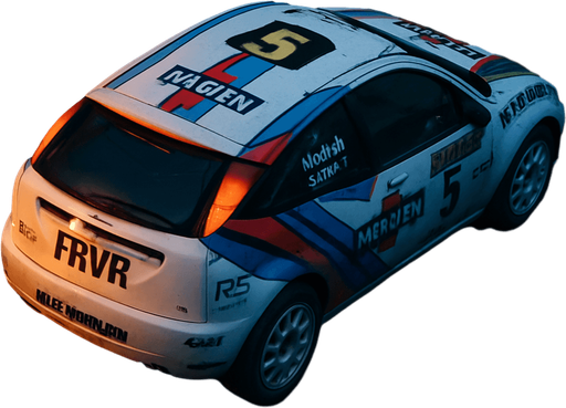 Photorealistic Ford Focus wrc from 2000 year in nightlight, drone topview FROM BACK and 45 degrees angle in top right corner. Modify the real sponsors to just similars. Change ford logo text to frvr