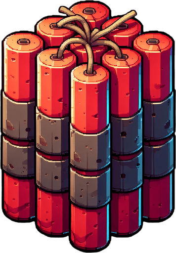 cartoon dynamite.
Single Game Texture. In-Game asset. 2d. Blank background. High contrast. No shadows.