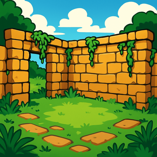 Create a beautiful place with grassy, earthy views, but it should not have a roof; it should have walls..
In-Game asset.  2d.  High contrast.  No shadows