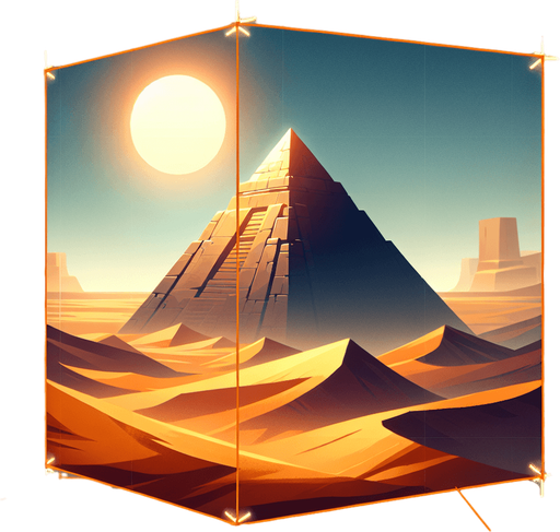 An animated image of a desert with a pyramid.
Single Game Texture. In-Game asset. 2d. Blank background. High contrast. No shadows.