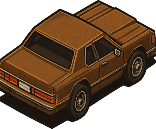 Brown Ford sedan thunder bird car, seen from behind Top-down, gta2, Single Game Texture. In-Game asset. 2d. Blank background. High contrast. No shadows.isometric its looks retro. In-Game asset. 2d. High contrast. No shadows