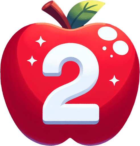 a white " 2" on a  red apple..
Single Game Texture. In-Game asset. 2d. Blank background. High contrast. No shadows.