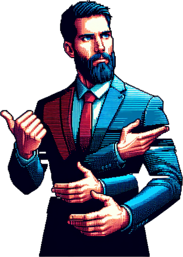 Create a single bearded man in a suit reaching out holding an imaginary weapon, I want him generated in 32 bit graphic style and i want to see his entire body.
Single Game Texture. In-Game asset. 2d. Blank background. High contrast. No shadows.