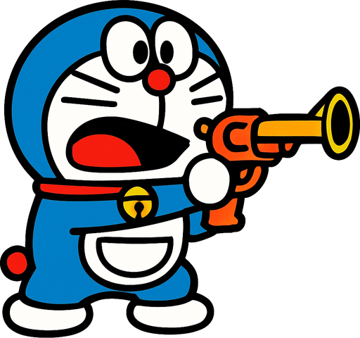 Doraemon shooting a gun.
In-Game asset.  2d.  High contrast.  No shadows