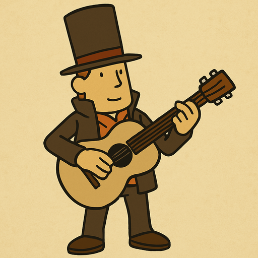 Gutair professor Layton game style.
In-Game asset.  2d.  High contrast.  No shadows