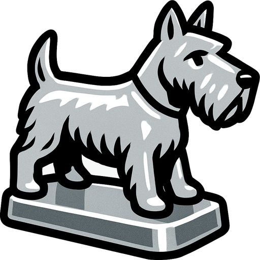 Köpek şeklinde gümüş monopoly piyonu yap.
In-Game asset.  2d.  High contrast.  No shadows