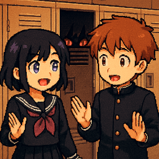 Pixel art illustration. A 15-year-old anime-style boy and girl in Japanese school uniforms are talking while gesturing with their hands. Very close to them is a row of lockers. In the one at the center, a pair of glowing red eyes peer through the slats. They belong to a yandere—obsessed, crazy, and jealous—whose face and body remain hidden in the darkness inside the locker.