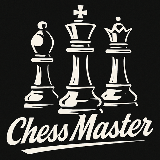 en altla havalı kalın ve grafik çizim olarak italik bir yazıyla Chess Master yazan koyu renk temalı 3 adet ortada büyük şah sağda vezir ve solda fil olacak şekilde satranç taşları.
In-Game asset.  2d.  High contrast.  No shadows