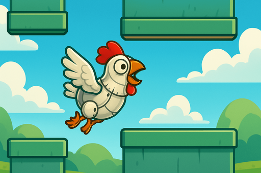 Fullscreen modern App Store landscape banner, 16:9, high definition, for a game titled "Animatronic Chicken Flight" and with the description "Navigate an animatronic chicken through vertical obstacle courses by tapping to flap and fly through narrow gaps between top and bottom barriers.". No text on banner!