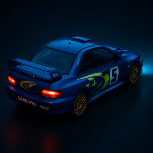 Photorealistic Subaru Impreza WRC in nightlight, drone topview from back and 45 degrees angle in top right corner