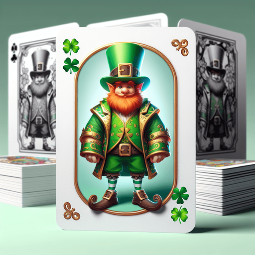 Leprechaun on a white papercard with rounded corners, front view..
Single Game Texture.  In-Game asset.  2d.  Blank background.  High contrast.  No shadows