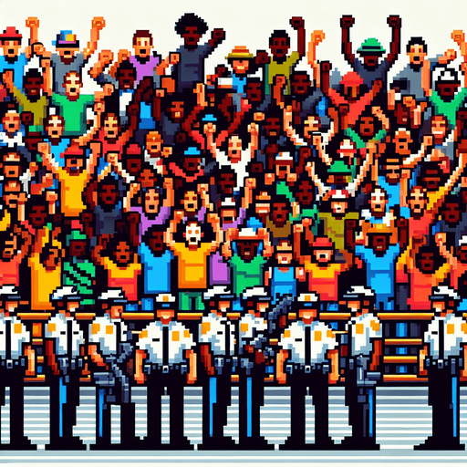 8-bit crowd of police and others cheer.
Single Game Texture. In-Game asset. 2d. Blank background. High contrast. No shadows.