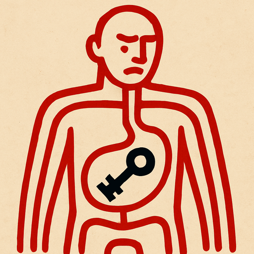 a drawing pic showing key is inside stomach of the body.red lines of the body!
In-Game asset.  2d.  High contrast.  No shadows