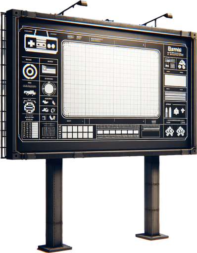 Ad billboard.
Single Game Texture.  In-Game asset.  2d.  Blank background.  High contrast.  No shadows