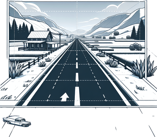I need a road as a background of the game, with a home in the horizon. 

Single Game Texture. In-Game asset. 2d. Blank background. High contrast. No shadows..
Single Game Texture. In-Game asset. 2d. Blank background. High contrast. No shadows.