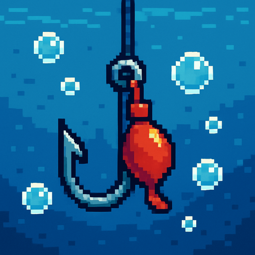 2D pixel art of a fishing hook with a red bait attached, hanging in water with bubbles, retro 16-bit style..
In-Game asset.  2d.  High contrast.  No shadows