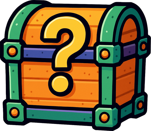 Üzerinde soru işaresi olan renkli sandık.
In-Game asset.  2d.  High contrast.  No shadows
