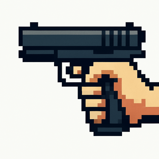 un puño agarrando un arma hecho con pixeles y de perspectiva lateral.
In-Game asset.  2d.  High contrast.  No shadows