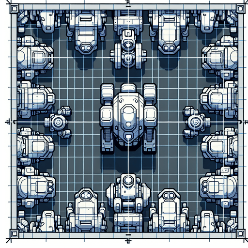 Ensure that the image is created with a top-down perspective, meaning the viewer is looking directly down onto the scene. This involves drawing objects as if they are being viewed from above.
Objects should be oriented to show their tops. For example, robots might be shown with their heads at the top and feet at the bottom..
Single Game Texture. In-Game asset. 2d. Blank background. High contrast. No shadows.