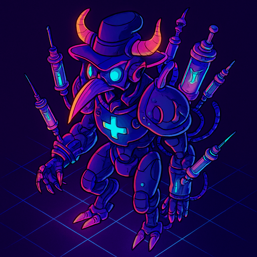 Neon cyberpunk anime top down isometric animatronic plague doctor cyborg demon medic CDC corporate robot monster disease pestilence medicine syringes