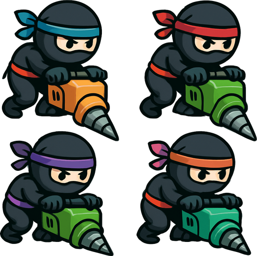 Different frames of a ninja digger, different colors, HD colors.
In-Game asset.  2d.  High contrast.  No shadows