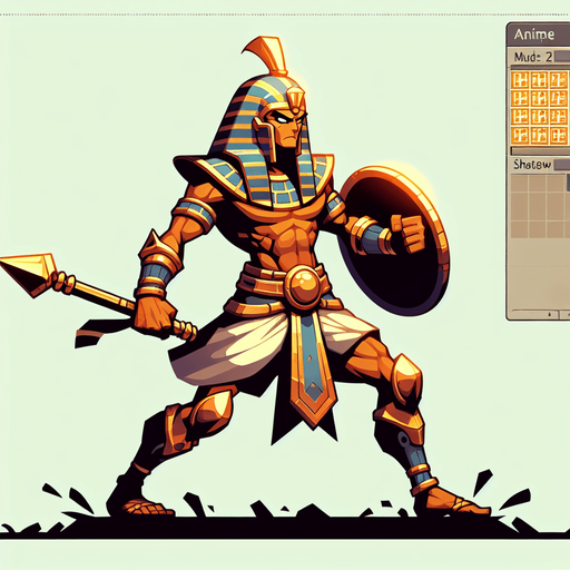 An animated image of an egyptian warrior.
Single Game Texture. In-Game asset. 2d. Blank background. High contrast. No shadows.