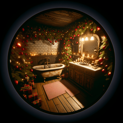 Eerie Christmas-inspired bathroom similar to a resident evil room
Single Game Texture. In-Game asset. 2d. Blank background. High contrast. No shadows.