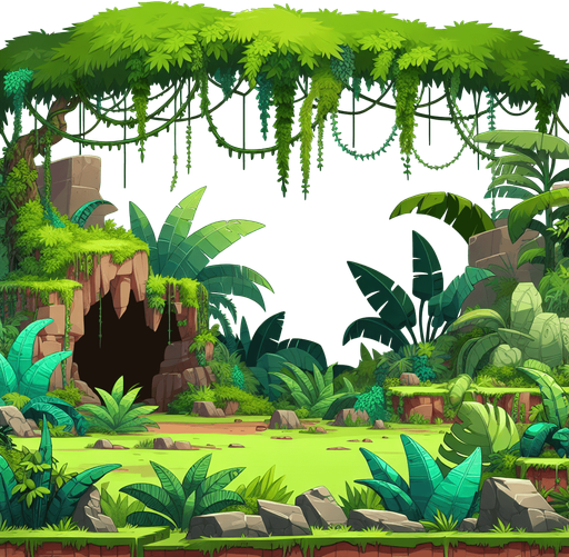 A animated image of prehistoric jungle with a cave.
Single Game Texture. In-Game asset. 2d. Blank background. High contrast. No shadows.