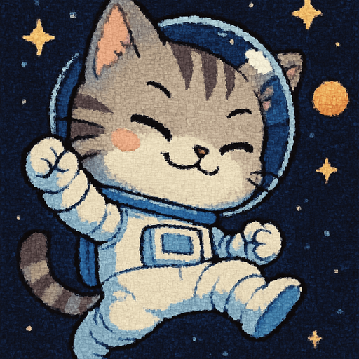 A cute kitten, illustrated in an adorable chibi anime style and wearing an astronaut suit, is leaping through outer space with a smug, confident smile on its face. Its pose is full of playful energy