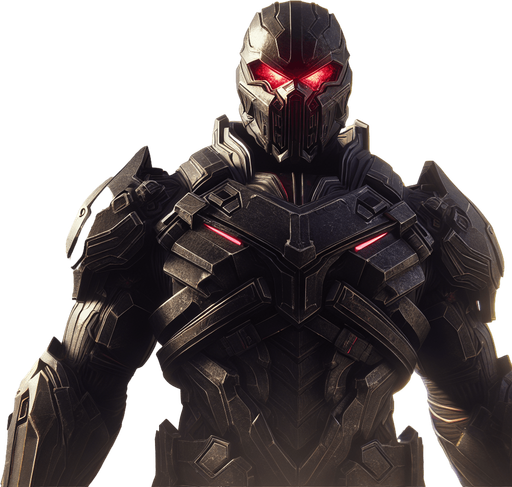 {
 "A dark and intimidating enemy, standing tall in a futuristic battlefield. They wear black, heavy armor, with glowing red eyes visible through a helmet. The background shows a war-torn city, with smoke rising from ruined buildings. The enemy holds a large, menacing sword, ready for battle. Their posture is aggressive, exuding power and malice. The atmosphere is tense, with a sense of impending doom.".
Single Game Texture. In-Game asset. 2d. Blank background. High contrast. No shadows.