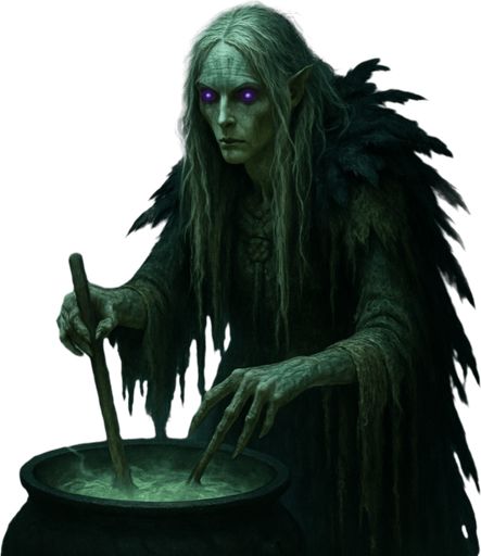 A hauntingly beautiful swamp witch draped in moss-draped robes and raven feathers. Female, 44 years old, tall and willowy, long tangled silver-blonde hair, glowing violet eyes, pale greenish skin marked with old runes. Fingers elongated and tipped with claws. She stirs a cauldron in the middle of a foggy, glowing swamp surrounded by will-o'-wisps. Realistic, highly detailed, eerie mystical style. realistic.
In-Game asset.  2d.  High contrast.  No shadows