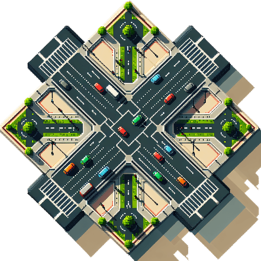 top down view of a big crossroad, pixelart style, from above.
Single Game Texture. In-Game asset. 2d. Blank background. High contrast. No shadows.